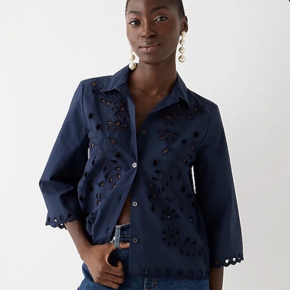 NWT J. Crew Collection Women’s L Navy Blue Poplin Eyelet Button Up Top Blouse - Picture 1 of 2